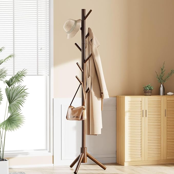 Pipishell Solid Wooden Coat Rack Freestanding, Hall Tree with 8 Hooks, 3 Height Options for Coats, Hats, Handbags, and Scarves, Tool-Free Assembly, Space Saving Design for Entryway, Office, Bedroom