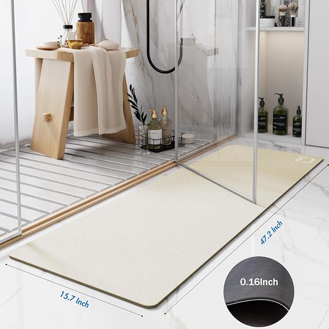 RUERYA Beige Bathroom Mat Rugs 15.7" x 47.2" Super Absorbent Quick Drying Diatomaceous Earth Bath Mats for Bathroom Non Slip Rubber Backed Thin Bathroom Rugs Floor Mat, Machine Washable