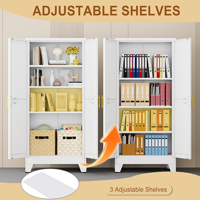 61" White Metal Garage Storage Cabinet with 2 Doors and 3 Adjustable Shelves,Kitchen Pantry Cabinet,File Cabinet,Steel Tool Cabinet for Home,Office,Garage,School,Warehouse