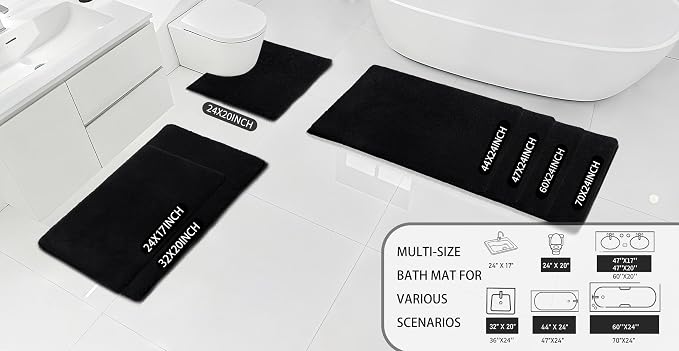 MINIDEAR Bathroom Rugs 60x20 Black - Thick Memory Foam Bath Mat, Ultra Soft & Plush Fluffy, Non-Slip, Quick Dry, Absorbent Washable Floor Microfiber Mat for Tub, Home Decor Accessories