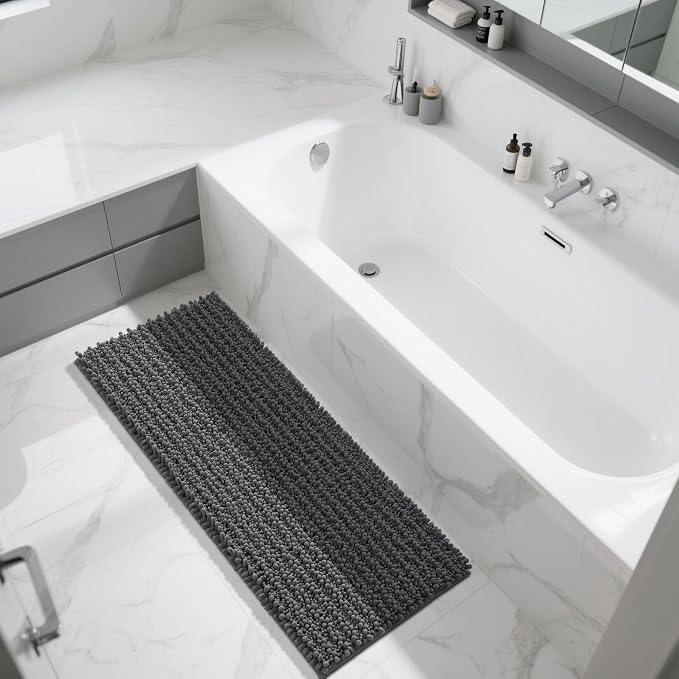 Yimobra Bathroom Runner Rug 55x24 Inch - Extra Long Non Slip Chenille Bath Mat, Soft & Absorbent, Machine Washable Shaggy Hallway Carpet for Vanity Tub Shower, Dark Gray Home Decor Accessories