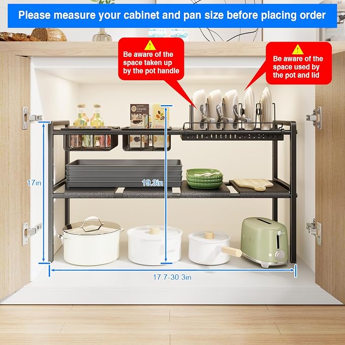Mustorn Pots and Pans Organizer Under Cabinet, Expandable 2 Tier Under Sink Organizers Storage Adjustable Height Kitchen Pot and Pan Lid Holder Rack with 6 Dividers(4panels,2baskets,1 Pot rack,Black)
