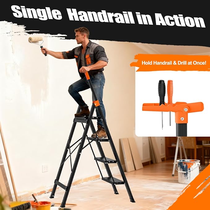 4 Step Ladder with Single-Handrail,Lightweight Aluminum 4 Step Ladder,600lbs Max Load Heavy Duty Step Stool for Kitchen,Home,Office