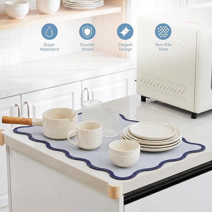 Scalloped Dish Drying Mat for Kitchen Counter, Absorbent Easy Clean Non-slip Coffee Bar Station Accessories, Trendy Cute Aesthetic Modern Drainer Kitchen Drying Mat, Blue 15" x 24"