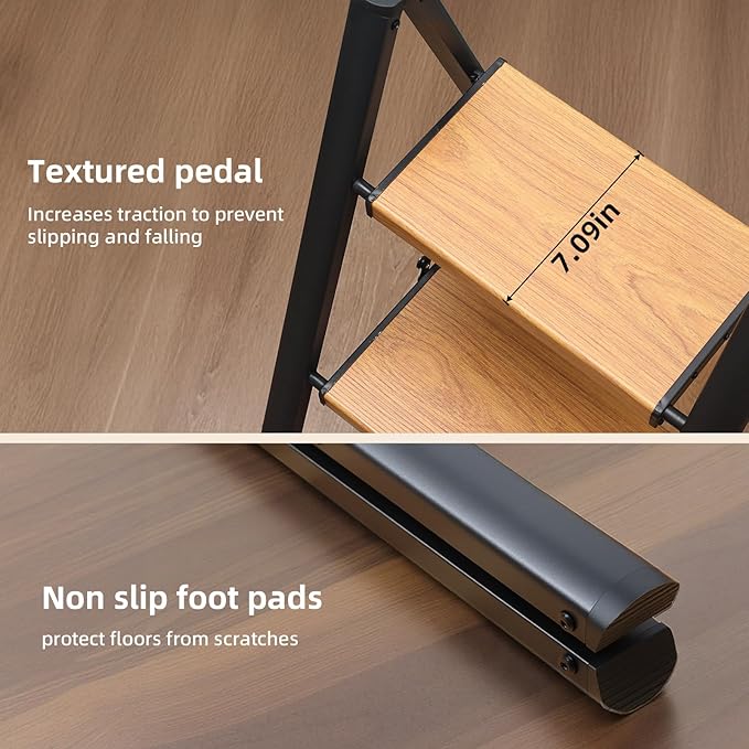 SOLADDER 3 Step Ladder, Anti-Slip and Lightweight Foldable Step Stool for Adults to Use in Kitchen, Closet and Library, 300lbs(Black&Woodgrain)