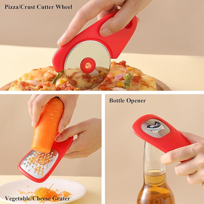 Kitchen Gadgets Set 6 Pieces, Space Saving Cooking Tools Kitchen Accessories-Garlic Grinder, Cheese Grater, Vegetable Peeler, Pizza Cutter, Herb Stripper, Bottle Opener, Gadgets Gift Set (Red)