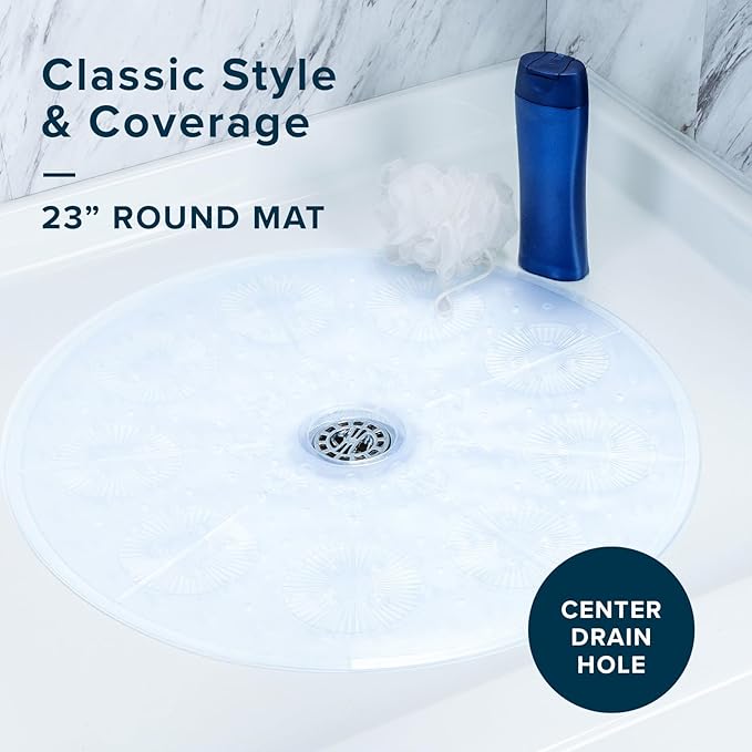 SlipX Solutions Power Grip Round Vinyl Standard Shower Stall Mat, 23” Round, Non-Slip for Elderly & Kids Bathroom, Essential Coverage, Drainage, 160 Suction Cups, Retro Style (2, Clear)