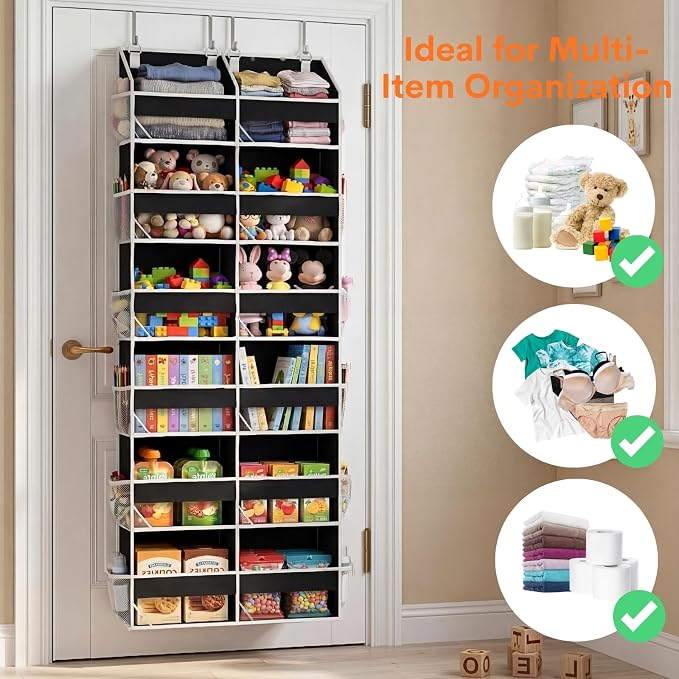 Over The Door Organizer 6 Tiers, Extra Large Behind Door Storage of 12 Compartments, 80 lbs Weight Capacity Hanging Storage Organizer with Clear Window Kids Toys, Shoes, Diapers, Room Storage,Black