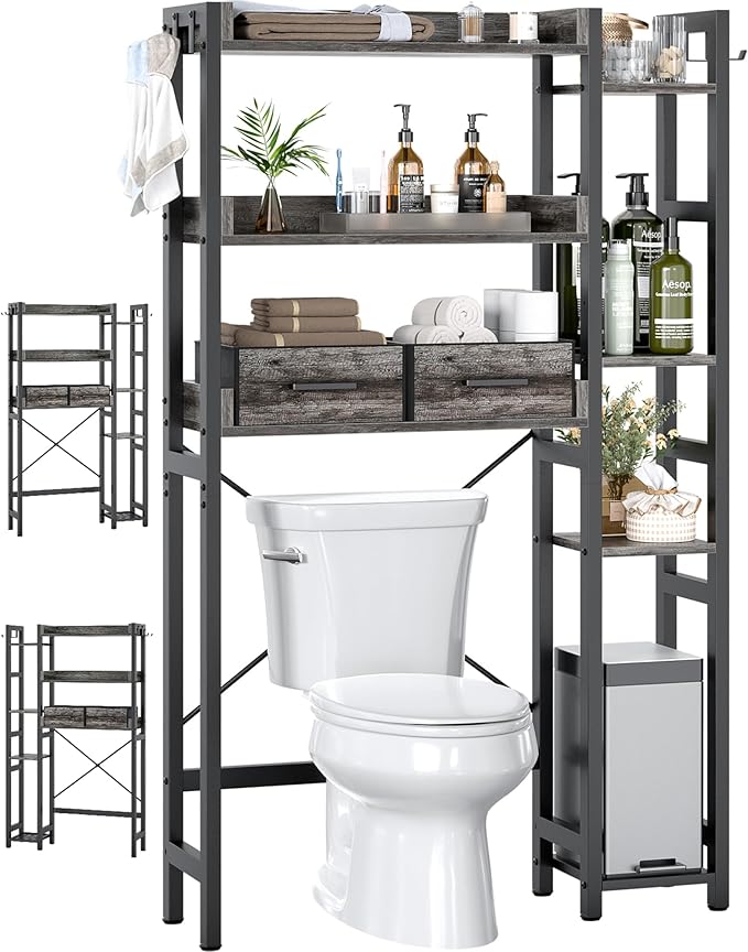 Besiost Over The Toilet Storage, 7 Tier Bathroom Organizer with Reversible Side Shelf and 2 Fabric Drawers, Adjustable Freestanding Rack Space Saver for Small Spaces, Grey Oak