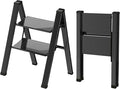 2 Step Lightweight Folding Ladder for Home, 330lbs Aluminum Step Ladder Anti-Slip for Kitchen, Step Stool Foldable Adults for Closet, 330lbs - Black