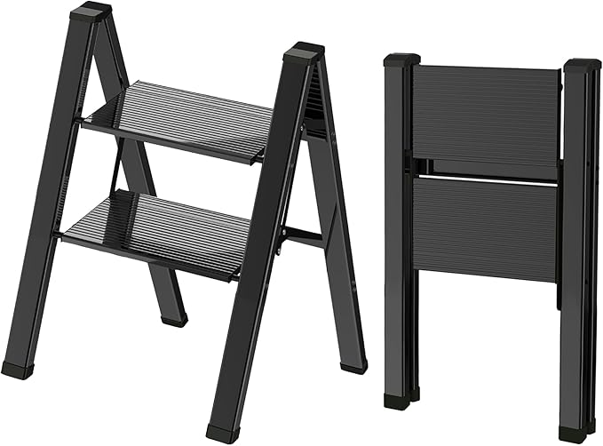 2 Step Lightweight Folding Ladder for Home, 330lbs Aluminum Step Ladder Anti-Slip for Kitchen, Step Stool Foldable Adults for Closet, 330lbs - Black