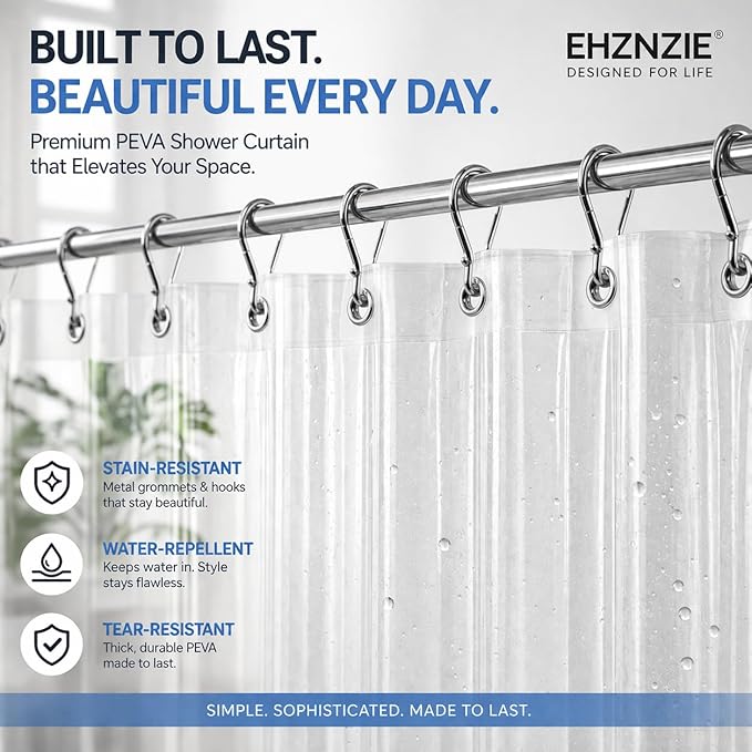 EHZNZIE Crystal Clear Heavy Duty Shower Curtain Liner 72x72, PEVA Waterproof Bath Curtain, No Chemical Smell, 3 Weighted Magnets, Durable with Rustproof Metal Grommets