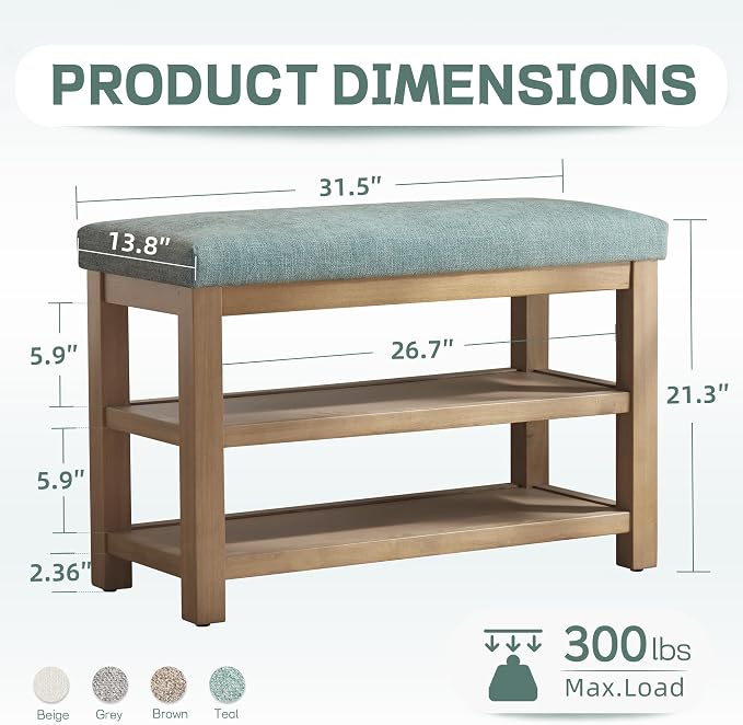 Zihanhome 2 Tier Shoe Rack Bench with Cushion, Solid Wood Shoe Benches, Mid-Century Modern Shoe Storage Bench for Entryway, Hallway, Living Room, Closet, Front Door Entrance, (Teal, 31.5")