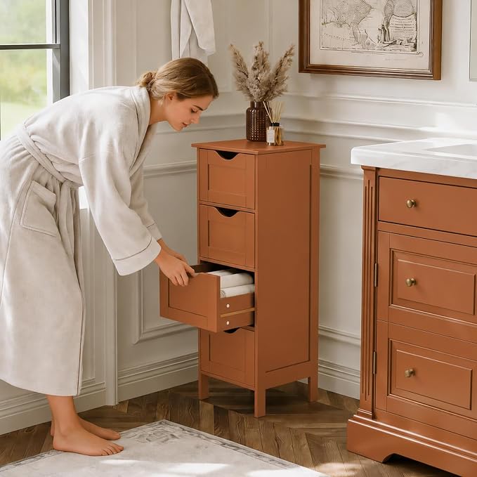 Bonnlo Skinny Bathroom Floor Storage Cabinet,White 12 Inch Wide Deep Small Storage Organizer with 4 Drawers, Brown Wooden Modern Thin Free Standing Tower Cabinet for Bathroom, Living Room