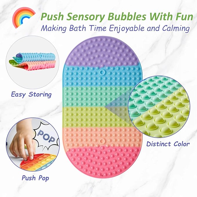 Pop It Bath Mat for Kids – Silicone Push Pop Sensory Toy, CPC Certified Non-Slip Rainbow Bathtub Mat with Suction Cups, Calming Stress Relief for Toddlers (27"x15")