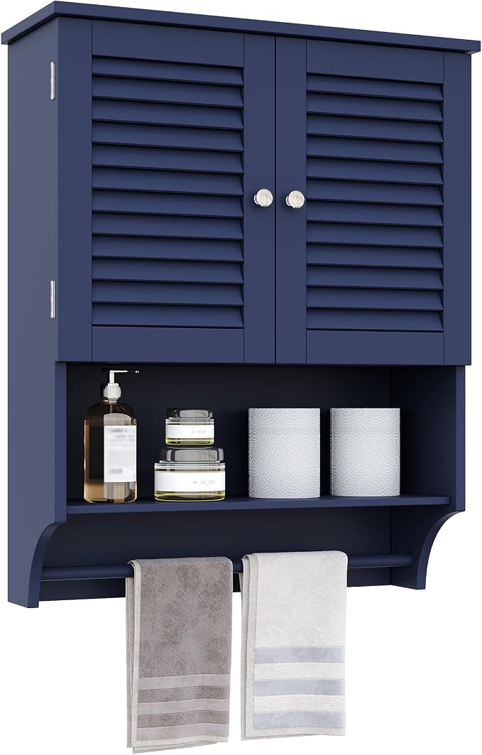 ChooChoo Bathroom Wall Cabinet with Towels Bar, 23.6" L x7.9 W x27.5 H MDF Material Medicine Cabinet, 2 Doors Over The Toilet Space Saver Storage Cabinet with Large Space, Navy Blue