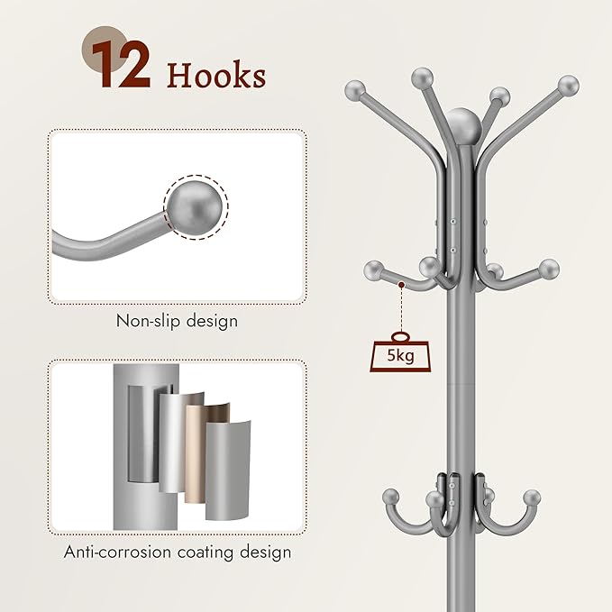 FAVOOSTY Coat Rack Freestanding,Coat Rack Stand with Umbrella Holder,Metal Coat Tree with 12 Hooks,Tree Clothes Hat for Entryway, Hallway, Bedroom, Living Room & Office - Silver Grey
