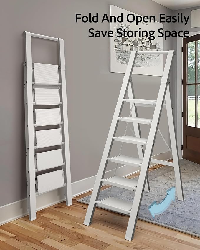 6 Step Ladder, Aluminum Folding StepStoowith Convenient Handgrip,Lightweight 330lbsCapacityStep Ladder for Household, Ofice, Kitchen(White)