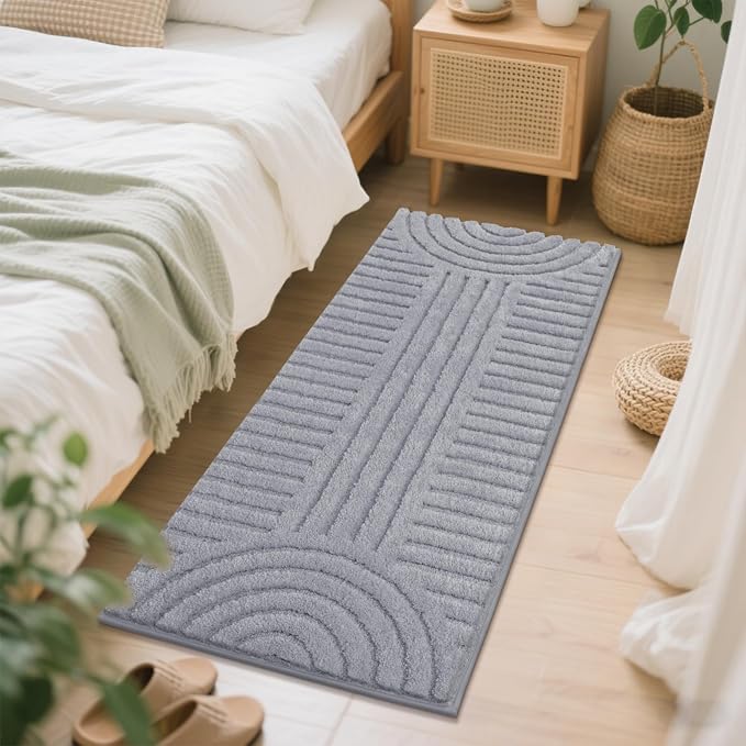 SHACOS Super Soft Bathroom Runner Rugs 24"x60" Non Slip Boho Bath Rugs Microfiber Absorbent Bath Mats for Bath Room Floor Machine Washable Shaggy Carpet for Shower Bathtub, Light Grey 2' x 5'