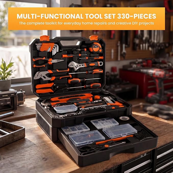 NEWBULIG 330-Piece Complete Tool Box Set, Durable Homeowners Tool Kit with Pull-Out Drawer, Versatile Home Repair Kit for Auto & Household, DIY Projects, Yellow