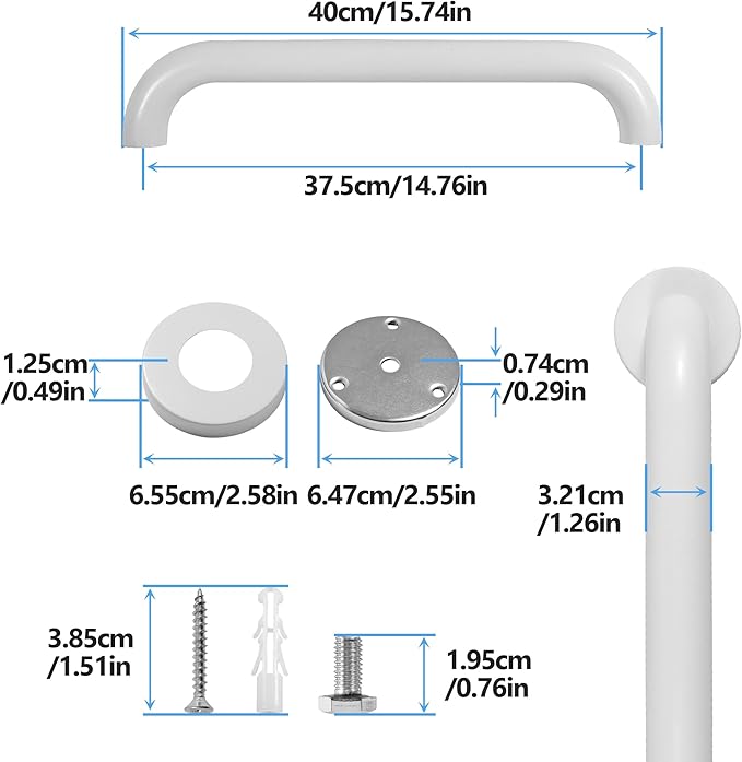 Shower Grab Bar, 2 Pack 16 Inch White Bathroom Safety Bar, 1.25" Diameter 304 Stainless Steel Grab Bars for Bathtubs and Showers, Handicap Shower Grab Bar for Seniors Elderly