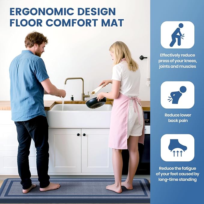 KitchenClouds [2 PCS Kitchen Rugs Cushioned Anti-Fatigue Kitchen Mats for Floor Waterproof Kitchen Rug Set Non-Slip Comfort Standing Mat for Office, Sink, Laundry 17.3"×29"+17.3"×47",Blue