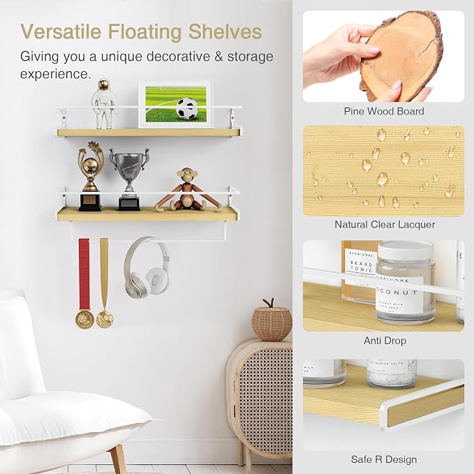 Forbena Natural Wood Bathroom Floating Shelves for Wall Set of 2, Light Wood Wall Shelves with Rail for Bathroom Nursery Office (Natural Wood and White)