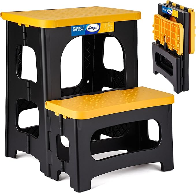 Korpai Folding 2 Step Stools,8" & 17" Dual Heights,Foldable Step Stool for Adults and Kids,Hold up to 250lbs,Collapsible Step Stool for Kitchen Bedroom Office Bathroom RV, Yellow