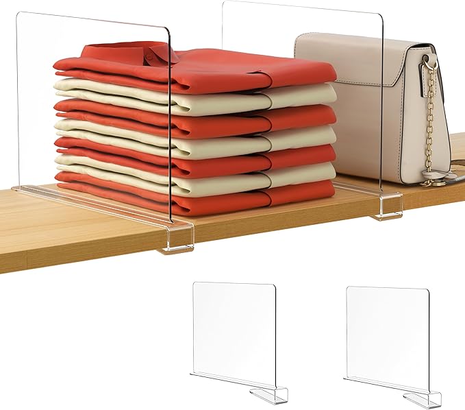 HBlife 2 Pack Clear Shelf Dividers, Vertical Purse Organizer for Closet Perfect for Sweater, Shirts, Handbags in Bedroom and Kitchen, Adjustable Acrylic Bookshelf for Organization