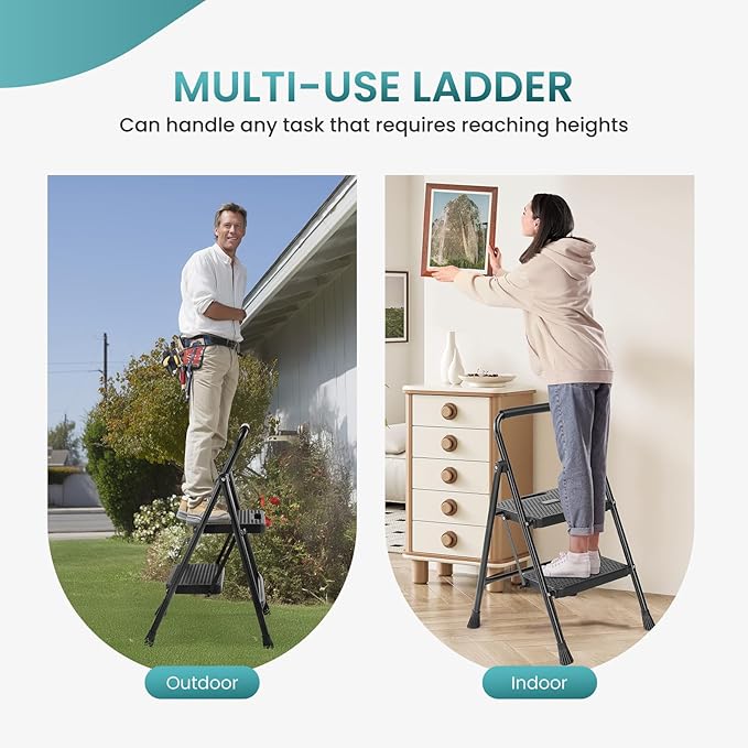 Smug Step Ladder, 2 Step Stool Foldable with Anti-Slip Pedal & Comfortable Handrail, 800lbs Capacity Sturdy Steel Ladder, Protable Heavy Duty Step Stool for Kitchen, Garage & Outdoor Use, Black