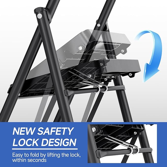 KINGRACK 4 Step Ladder, Folding Step Stool with Handrail, Safe-Lock Design and Wide Anti-Slip Pedals, 500 lbs Capacity Sturdy Steel Ladder for Home and Kitchen, Black