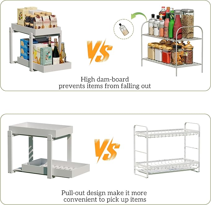 APRTAT 2 Pack Under Sink Organizer, Bamboo Wooden 2-Tier Pull-Out Storage with Sliding Drawers for Kitchen and Bathroom Cabinets, Easy Installation (White, 1 pack)