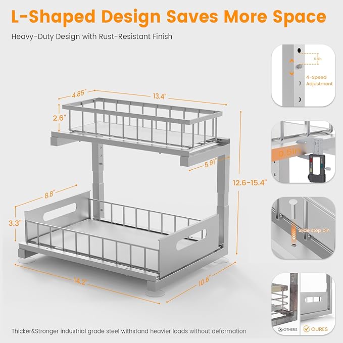 Under Sink Organizer, Heavy Duty Metal Pull Out Cabinet Organizer Slide Out Sink Shelf Organizer Height Adjustable, Multi-Purpose Storage Shelf for Kitchen Bathroom(Sliver,2Pack)