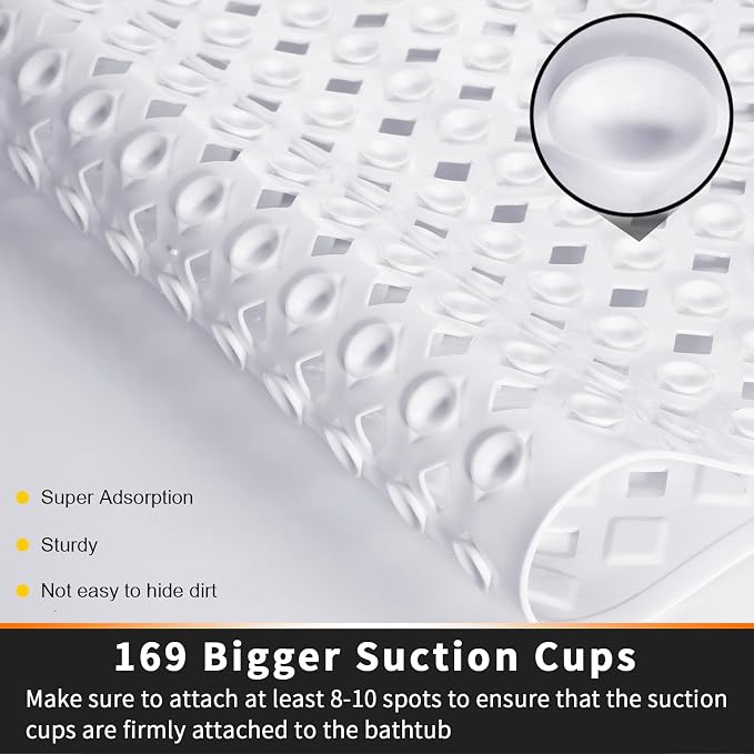 Yimobra Square Shower Mat Non Slip, Super Strong Suction Cups, 21"X21" Bath Tub Mat with Drain Holes, Machine Washable Fast Draining Bath Mats, Bathroom Essentials,White