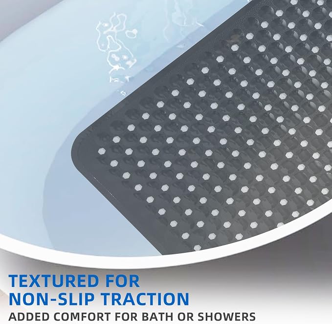 ZHICHENG Bath Tub and Shower Mats, Non-Slip 39 x 16 Inch Extra Long Bath Mat, Machine Washable Bathtub Mat with Drain Holes, Suction Cups for Bathroom (Black)