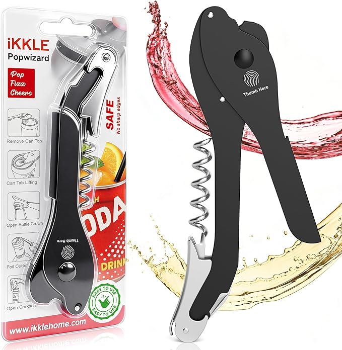 ikkle Topless Manual Soda Can Opener with Smooth Edge, 5-in-1 Multifunction Aluminum Pop-Top Can Lid Remover & Ring Pull Opener, Beer Bottle Opener, Wine Corkscrew & Foil Cutter