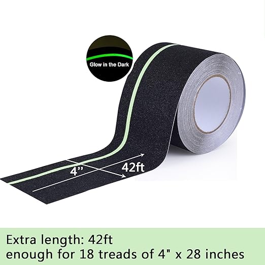 Anti Slip Tape with Glow in Dark Stripe for Stairs, 4”x42ft, Grip Tape for Stairs Steps for Outdoor/Indoor, Waterproof Non Slip Strips for Stair Treads, High Traction, Easy Install