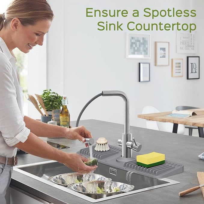 18 Inch Silicone Faucet Mat for Kitchen Sink Splash Guard – 2025 Upgraded Draining Mat with Water Tray Behind Faucet – Countertop Protectors to Catch Spills (Gray, 17.7" x 5.5")