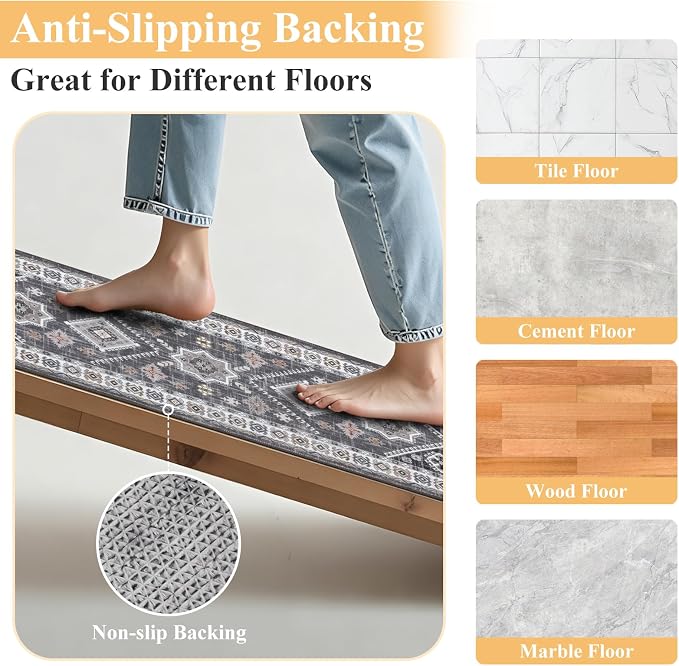 HEBE Boho Kitchen Rug Sets 3 Piece with Runner Non Slip Kitchen Rugs and Mats Washable Kitchen Mats for Floor Thick Kitchen Floor Mat Carpet Runner Rugs for Hallway Laundry Holiday Decor