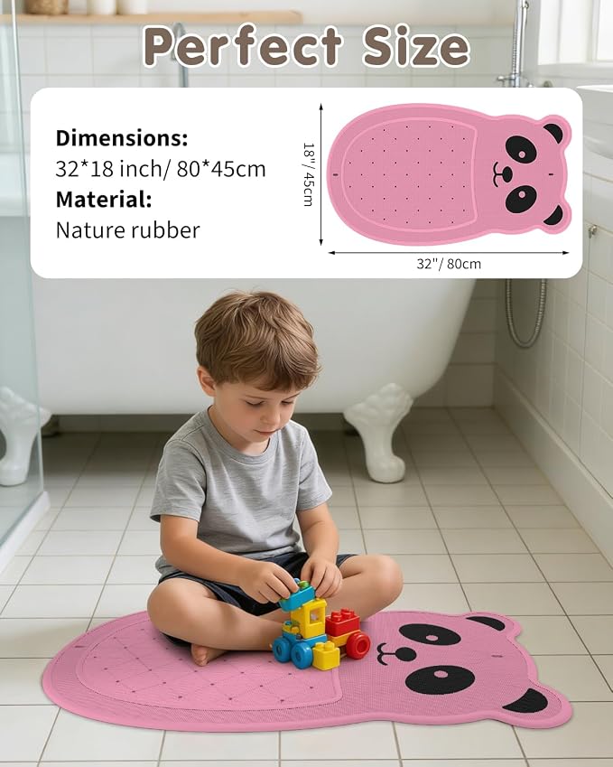 Panda Bathtub Mat Non Slip Kids Natural Rubber Low Odor, Bath Mat for Tub Non Slip for Baby 32"x18", Anti-Slip Surface and Strong Suction Cups Dual Anti-Slip, Machine Washable, Pink