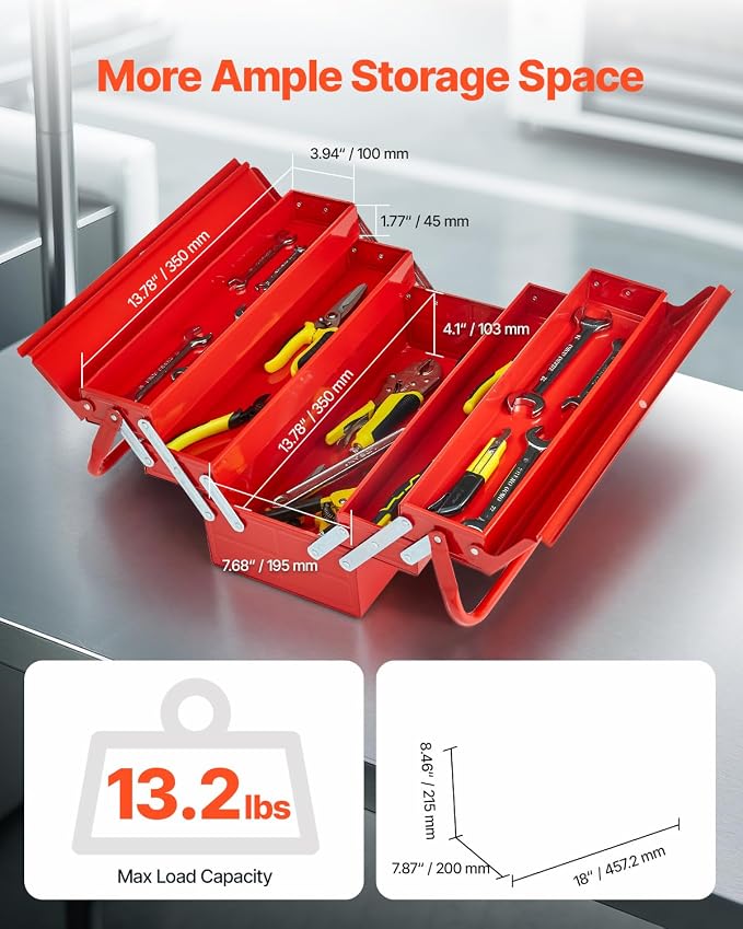 VEVOR Metal Tool Box, 18-inch, 3-Tier 5-Tray Portable Folding Tool Chest Organizer with Handle & Lock Hole, Powder Coated Steel, Cantilever Toolbox for Household Factory Warehouse Repair Shop, Red