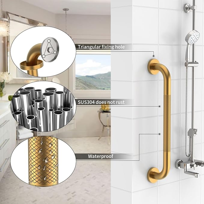 3 Pack Anti Slip Commercial Grab Bar Bundle for Shower, Munzong 16" 24" 32" Gold Bathroom Grab Bar, 1.25" Diameter Handicap Balance Bar,Safety Hand Rail Fort Elderly Injury Senior Assist Bath Handle