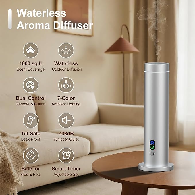 Maromalife Waterless Diffuser, Essential Oil Diffuser, 1000 Sq.Ft Coverage Scent Diffuser – Plug-in Only, Adjustable Mist, Remote, Mood Lights for Home & Office, Large Room, Hotel, Silver