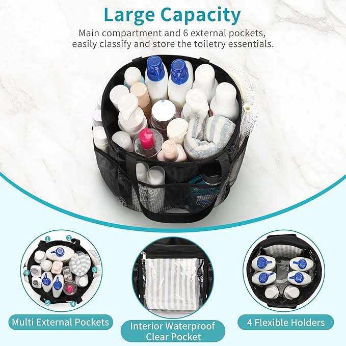Mesh Shower Caddy Portable for College Dorm Room Essentials, Hanging Shower Caddy with Waterproof Phone Pouch, Large Capacity Shower Bag Basket Tote for Bathroom, Gym, Camping, Swimming, Beach, Black