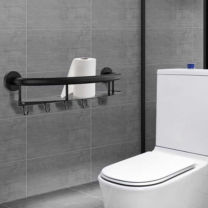 Munzong 18 Inch Shower Grab Bar w/Storage Shelf, Black Stainless Steel 2 in 1 Bathroom Balance Bar, Safety Hand Rail Support Senior Assist Bath Handle
