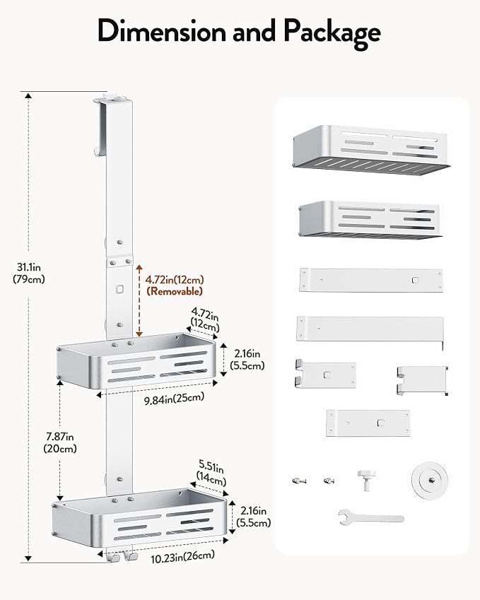 Orimade Aluminum Over the Door Shower Caddy, Rustproof Hanging Shower Organizer, Heavy Duty,Adjustable Height,Safe Rounded Edges, Bottom Plate to Hold Small Items, for Bathroom Storage, 2-Tier Silver