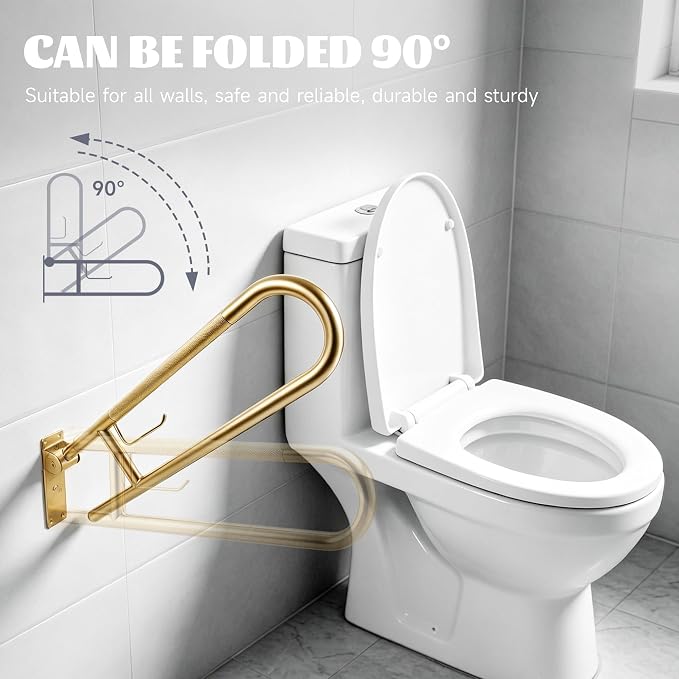 30.3 Inch Toilet Grab Bar, HUAS Gold Anti Slip Bathroom Toilet Safety Rails, U Shaped Flip-Up Handicap Grab Bars w/Paper Holder, Stainless Steel Support Handrail for Elderly Disabled Senior