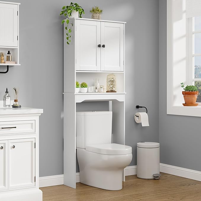RRX Over The Toilet Storage Cabinet,Bathroom Above Toilet Cabinets Organizer, 24.8" L x 9.1 "W x 65.7 "H Free Standing Toilet Rack with Adjustable Shelf and Open Storage,Double Doors(Pure White)