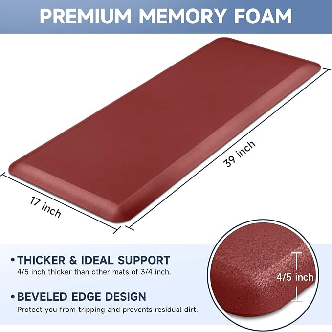 StepRite 4/5 Inch Thick Kitchen Mat Anti Fatigue Mat Kitchen Rugs Kitchen Decor Non-Slip, Stain & Water Resistant, Kitchen Mats Desk Mat for Kitchen, Office, Workshop, Red, 17'' x 39''