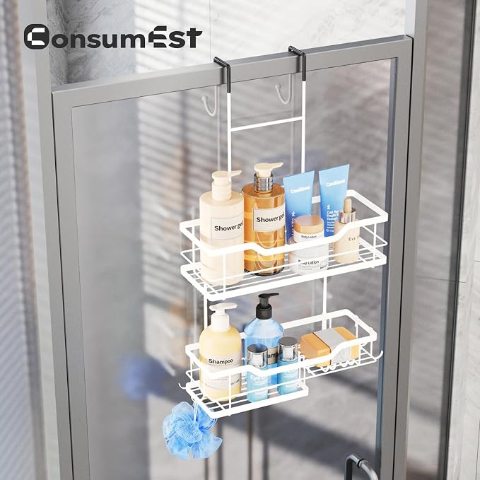 Consumest Over Door Shower Caddy - 2 Tier Shower Shelves Hanging with Soap Holders, Large Capacity Shower Organizer with 4 Hooks, Bathroom Rack and Storage, White